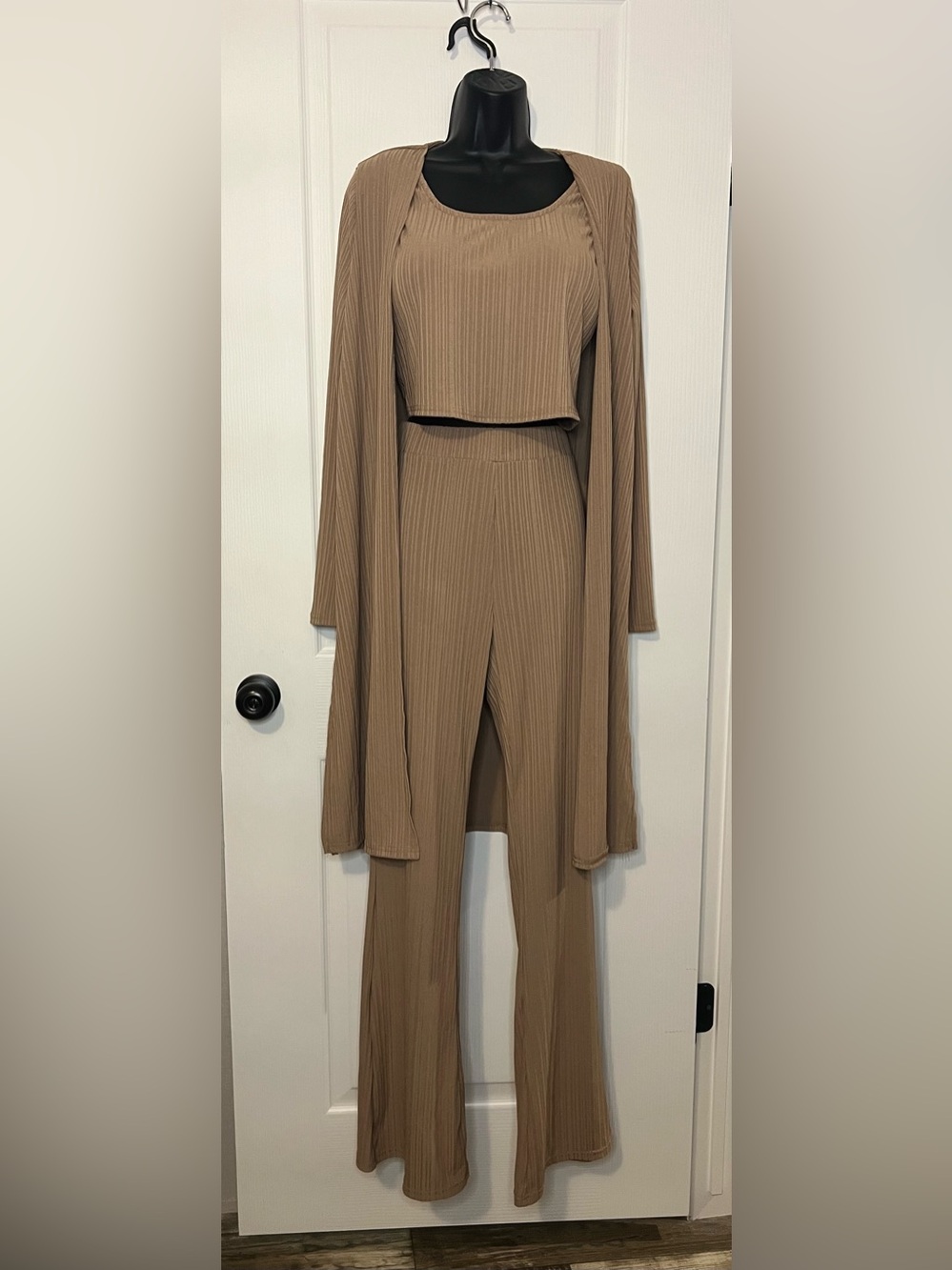 NanaMacs Ribbed Wide-Leg Jumpsuit Set in Taupe